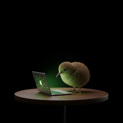 Highly realistic kiwi bird on a glowing laptop